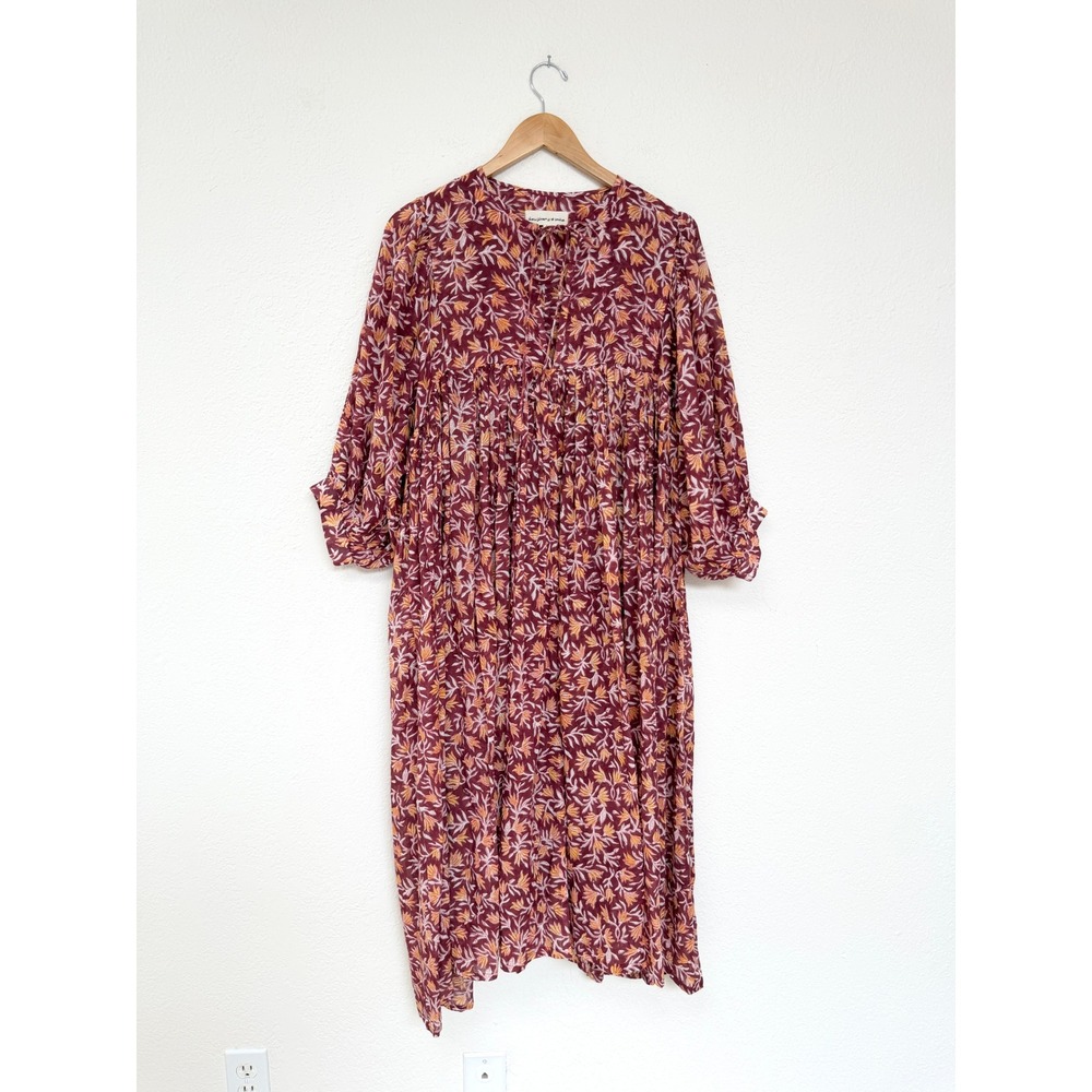 DAUGHTERS OF INDIA Kyra Midi Dress Burgundy Floral Gauze Block Print Boho size L